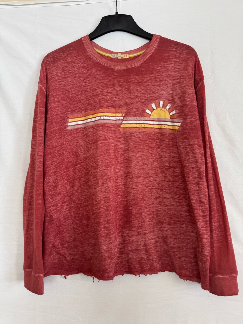 C&C California Washed Red Long Sleeve Top with Yellow Neck Stripe